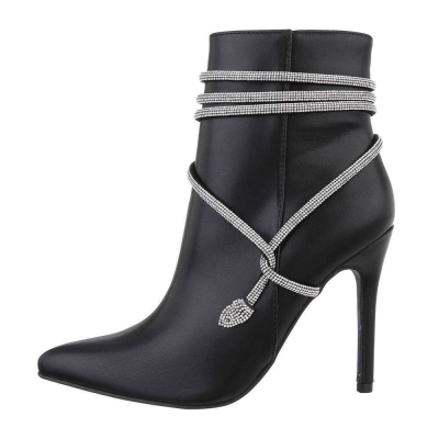 Botine elegante cu toc si strasuri - negru dama